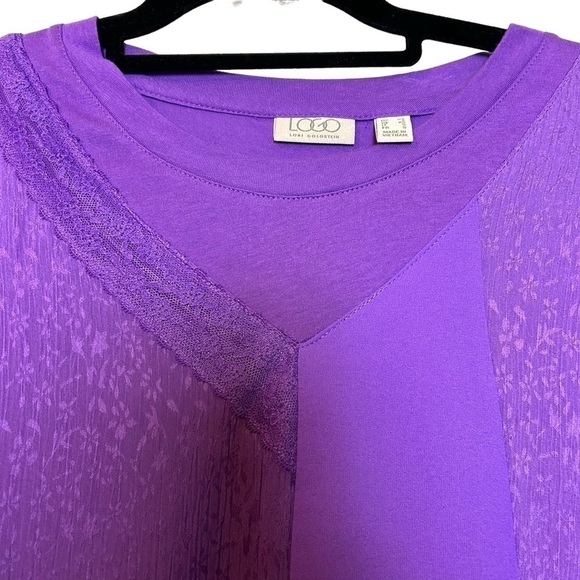 LOGO by Lori Goldstein Purple Short Sleeve High Low Lace Accent Top Sz.XS - Picture 4 of 16